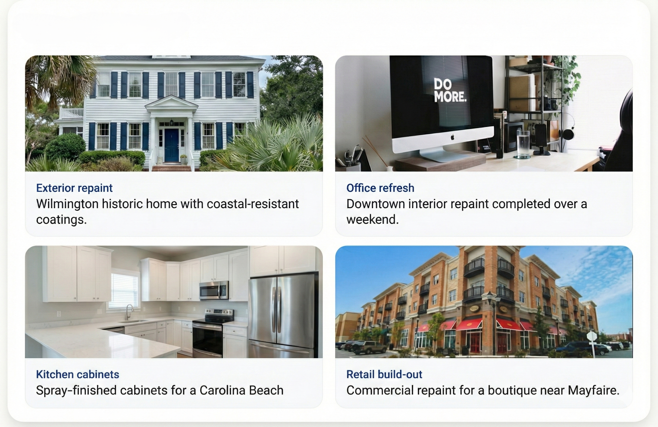 Exterior repaint, office refresh, kitchen cabinets, and retail build-out completed by Cerro Painting in Wilmington NC